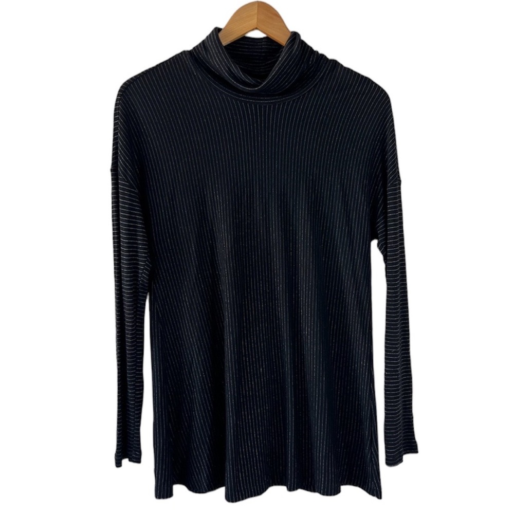 Michael Stars Shimmery Stretchy Pin Striped Long Sleeve Turtleneck